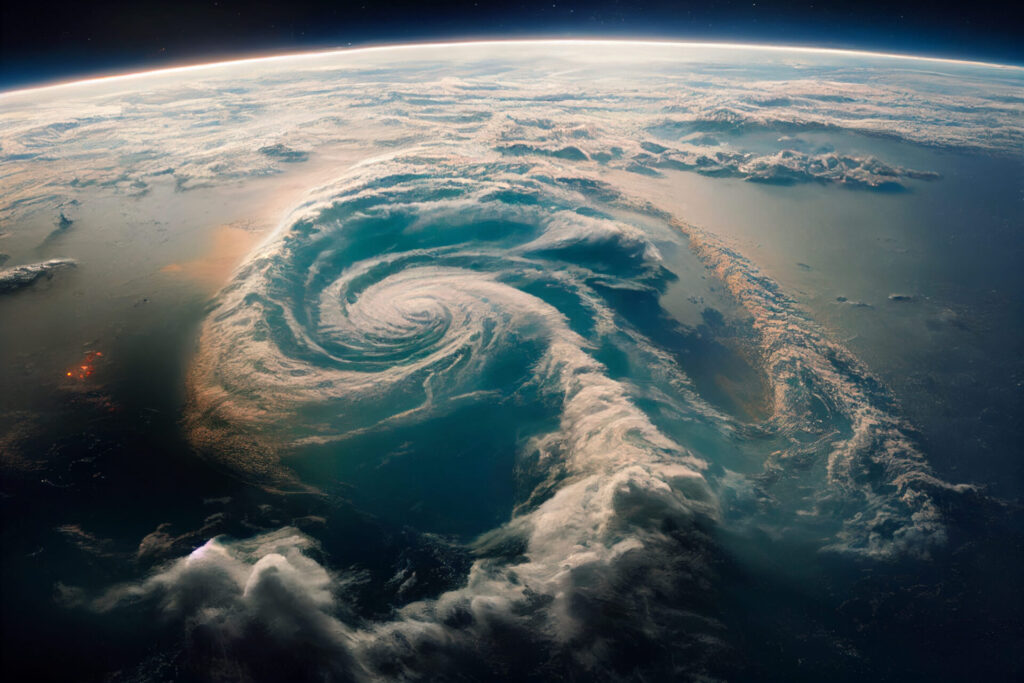 an aerial view of the swirling clouds of the typho 2023 11 27 05 01 11 utc